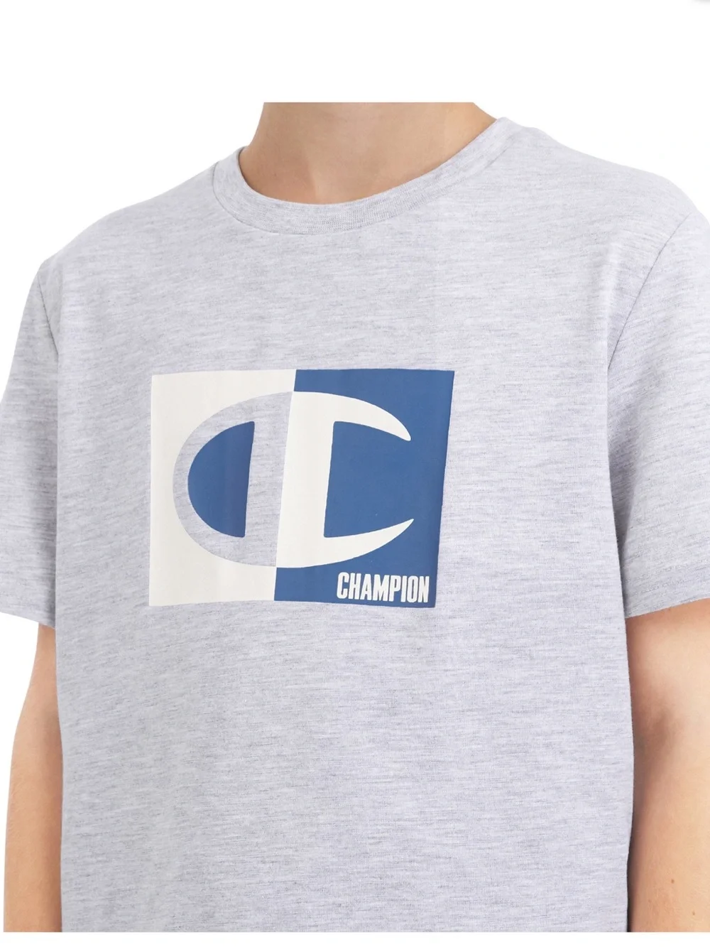 Champion Gray & Blue Block Logo T‑Shirt